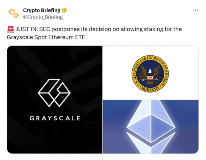 美国SEC推迟审查灰度以太坊 (ETH) 现货ETF staying